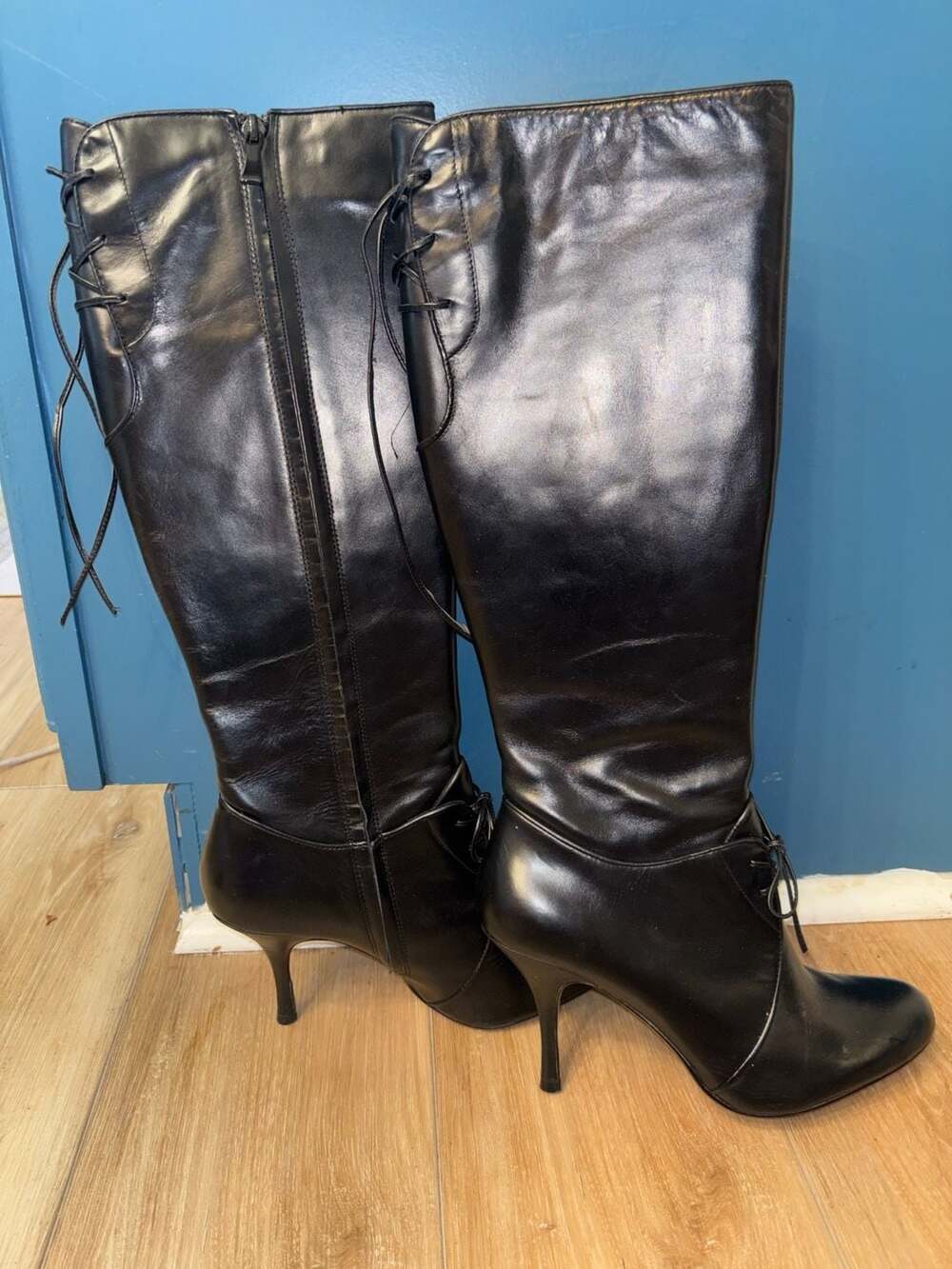 NEW MaxStudio Black Leather Lace-Up Knee-High Stiletto Boots